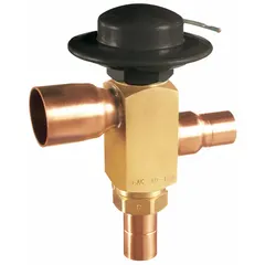 Fixed-adjustment low ambient control valve for R-410A refrigeration systems. Maintains head pressure during low outdoor temperatures by regulating refrigerant flow between condenser and receiver. Features 1 1/8 in female sweat connections on both condenser and receiver ports. Factory-set for consistent operation.
