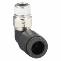 This nylon and nickel-plated brass elbow fitting connects 5/16 in OD tube to 1/8 in MNPT pipe. The push-to-connect design allows tool-free installation for pneumatic systems. Supplied in a 10-pack, black finish
