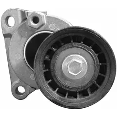 The DAYCO 89372 self-adjusting belt tensioner maintains proper tension in automotive serpentine or accessory belt drive systems. It features a single pulley with a 2 3/4 in outside diameter to reduce belt slip, noise, and wear. This tensioner is used in vehicle engine accessory drive systems to ensure reliable operation of components such as alternators and water pumps.