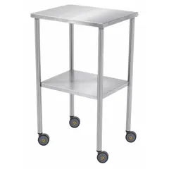 Fixed-height lab table with a stainless steel countertop and swivel casters. Overall dimensions: 30 in length, 16 in width, 34 in height. Suitable for supporting instruments or equipment in laboratory environments.