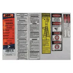 Replacement label kit for Louisville Ladder model AS3002. Includes safety and identification labels to replace worn or missing originals. Compatible with models 36Y387 through 36Y393.