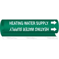 Wrap-around pipe marker for identifying heating water supply lines. Green background with white legend text and directional arrows. Fits pipe outer diameters from 1-1/2 to 2-3/8 inches. Supplied as a single marker.