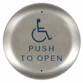 This push-to-exit button is constructed from aluminum and stainless steel with a gray finish. It measures 4 1/2 inches wide and 5/8 inches deep, operating by push activation. Designed for use in access control systems, it meets ADA compliance requirements for egress applications in commercial and institutional settings.