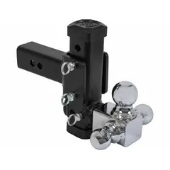 This adjustable hitch mount from BUYERS PRODUCTS accommodates three ball diameters: 2 in, 1 7/8 in, and 2 5/16 in. It fits a 2 1/2 in hitch receiver and is constructed from carbon steel with a powder-coated, corrosion-resistant finish. The mount includes an under-bumper storage position and is rated for Vehicle Class V towing applications.
