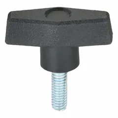 This T-handle knob features a 2 in diameter plastic body with a steel threaded stud in 5/16"-18 thread size. It is used for manual clamping, positioning, and adjustment on industrial machinery, jigs, and fixtures, providing a comfortable grip and reliable fastening.