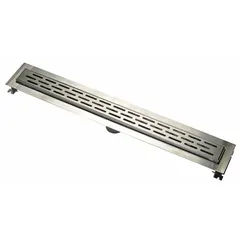 This ZURN trench drain is constructed of stainless steel for corrosion resistance in wet environments. It measures 32 inches in length, 5-1/4 inches in width, and 4-1/2 inches in depth, with a bottom outlet featuring a no-hub connection. The stainless steel grate and trench body provide a durable, low-profile drainage solution for shower floors and other floor drainage applications.