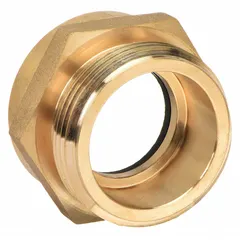 This brass rigid straight adapter features NPT x NPSH threads with a 1-1/2 in x 1-1/2 in compatible pipe size. The hex design allows for secure wrench tightening. Used in fire protection systems to connect hoses to hydrants or standpipes, providing a leak-free connection for water supply.
