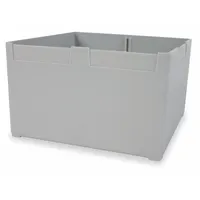 This VIDMAR bin cup is a removable storage insert for modular drawer cabinets. It measures 6 1/8 inches square with a 3 3/4 inch overall height and is gray in color. The bin does not include dividers. It is used to organize small parts, fasteners, and components in industrial workstations and tool rooms