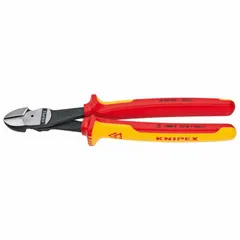 Insulated diagonal-cutting pliers with a straight oval jaw profile. Jaw length 7/8 in, jaw width 1 1/8 in. Designed for manual cutting of hard wire in electrical and general maintenance tasks.