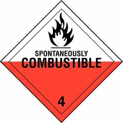 Class 4 Flammable Solids placard for identifying containers holding spontaneously combustible materials. Measures 10 3/4 in x 10 3/4 in with a 10 3/4 in label height. Used in transportation, warehousing, and industrial settings for hazard communication.