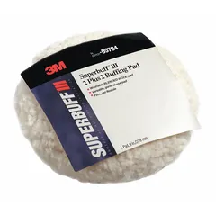 White wool polishing bonnet with unthreaded center hole, 8 in outside diameter, 2 in thickness, and heavy nap texture. Rated for 2,000 RPM max speed. Designed for use with polishers on painted surfaces to remove finishing abrasive sand scratches and other paint surface defects.