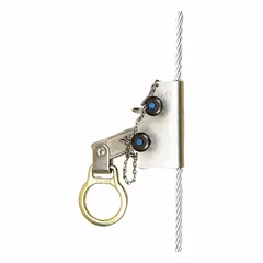 This manual rope grab is constructed of stainless steel and features a D-ring attachment point with a 3 ft lanyard. The cam locking system automatically engages on a vertical rope lifeline to arrest a fall. Suitable for use with stainless steel rope lifelines in fall protection applications.