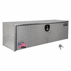 This single drop-down door box is designed for underbody mounting on service trucks and utility vehicles. It provides secure, weather-resistant storage for tools and equipment. The box features a keyed lock and a silver finish. Overall depth is 24 inches.