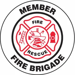 2 1/4-inch diameter reflective circle label for hard hats. English text identifies fire brigade and fire rescue personnel. Supplied as a single label. Enhances visibility in low-light conditions for safety identification.