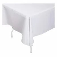 This white polyester rectangular tablecloth measures 52 inches wide by 96 inches long, suitable for covering standard 6-ft tables in banquet, conference, or dining settings. The fabric is machine washable for convenient maintenance