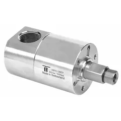 Plain 304 stainless steel rotating joint with single passage for air. Features a 3/8 in rotating shaft and carbide seal. Maximum speed 2000 RPM. Used in industrial machinery to transfer air from a stationary supply to a rotating component.