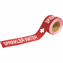 Red adhesive pipe marker on a roll with red legend reading 'Sprinkler Water' and directional arrows. Designed for pipe outer diameters of 1-1/2 to 2 inches. Each roll contains 25 markers for identifying sprinkler water lines in industrial piping systems.