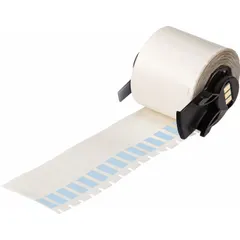 Blue matte vinyl wraparound label measuring 1 1/2 in x 1/4 in, designed for wire gauges from 10 AWG to 4 AWG. Compatible with M611 printer series and requires M7-R4300 ribbon. Used for wire identification in electrical and industrial applications.