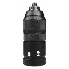 This adapter converts an SDS-Plus rotary hammer to accept a 1/2-inch keyless chuck. It allows the use of standard round-shank drill bits for drilling into wood, metal, or plastic. The adapter is keyless for quick bit changes.