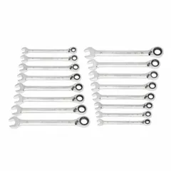 This set includes metric 12-point ratcheting combination wrenches from 8 mm to 25 mm, made of alloy steel with a full polish chrome finish. The reversing mechanism allows quick direction changes, and the ratcheting box end enables faster fastening in confined spaces. Suitable for automotive repair, industrial maintenance, and mechanical assembly.