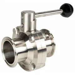 316L stainless steel body and disc. Clamp connection. FKM seals. Lever handle with 4 stop positions. Average surface roughness ≤ 32 Ra. Max. pressure 110 psi CWP. 3-A certified. For sanitary processing lines requiring cleanability and corrosion resistance.
