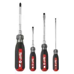 This 4-piece screwdriver set includes Phillips and slotted tips with cushion grips for comfort. The tether-ready design allows attachment of a lanyard to prevent drops in elevated or confined workspaces. Suitable for driving fasteners in maintenance, assembly, and repair tasks.