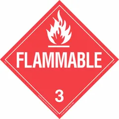 This BRADY placard is used to identify containers holding Class 3 flammable liquids, complying with DOT hazardous material labeling regulations. It measures 10 3/4 in x 10 3/4 in and displays a 'Flammable' message. Suitable for shipping and storage applications requiring clear hazard communication.