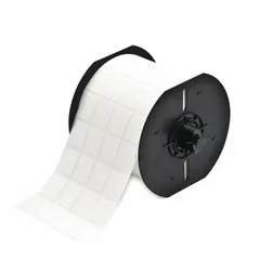 Vinyl wraparound label for permanent identification of wires from 28 AWG to 20 AWG. Black on white, measures 15/16 in x 3/4 in. Compatible with i3300 printer series; requires B30-R6200 ribbon for thermal transfer printing. Suitable for use in industrial control panels, electrical cabinets, and data centers.
