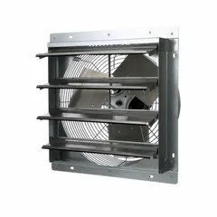 Standard shutter-mount exhaust fan with a 16-inch polished aluminum blade. Driven by a 1/8 hp totally enclosed air over motor, delivering 2100 cfm at 120V AC, single phase. Three-speed operation allows adjustable airflow for general ventilation in industrial spaces.