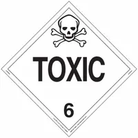 Class 6 hazard placard for marking containers, vehicles, or storage areas holding toxic, poison inhalation, or infectious substances. Vinyl label with 'Toxic' message, 10 3/4 in x 10 3/4 in. 25 labels per pack