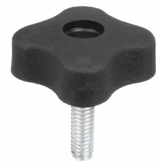 This 4-arm hand knob with threaded stud is used for manual adjustment, clamping, and positioning on industrial machinery, jigs, and fixtures. It features a 1.4 in diameter plastic body with steel thread and a 1/4"-20 thread size.