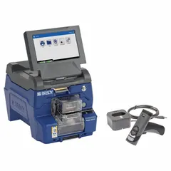 This wraparound label printer and applicator features 300 dpi printhead resolution and automatic operation, capable of printing up to 1,000 labels per day. It includes a USB cable, a printer ribbon (2 in x 150 ft), and the Brady Workstation Product and Wire ID Software Suite. Suitable for industrial wire, cable, and product identification tasks.