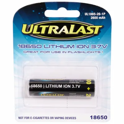 ULTRALAST 18650 Lithium Ion Rechargeable Battery, 3.7V DC, UL1865-26-1P