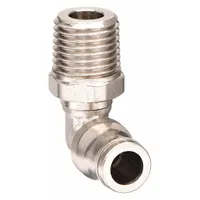 Nickel-plated brass push-to-connect elbow fitting with 4 mm OD tube connection and 1/8" MBSPT male thread. Suitable for quick assembly in pneumatic or fluid systems, commonly used in industrial automation and instrumentation