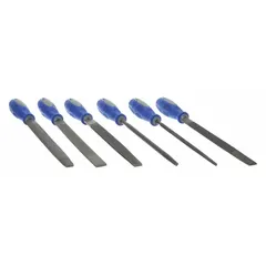 This 6-piece file set includes bastard cut and smooth cut files plus an 8 in round wood rasp, stored in a pouch. Suitable for shaping, deburring, and smoothing metal, wood, and plastic in maintenance, fabrication, and repair tasks.