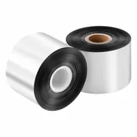 Black wax thermal transfer ribbon for barcode and label printing on paper labels. Measures 3 inches wide by 1,476 feet long with a 1-inch core diameter. Suitable for product identification, shipping labels, and inventory tracking in industrial environments