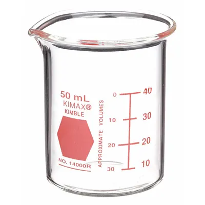 KIMBLE Colorware Beaker: 50 mL, 1.69 fl oz, A, Low Form, Type I, Red - Color Coded Low Form Glass Beakers