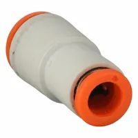 This brass push-to-connect adapter fitting connects 1/4 in OD and 5/16 in OD tubing. It enables tool-free assembly in pneumatic systems for applications such as industrial automation and packaging