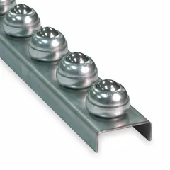 This light-duty ball transfer flow rail is 5 ft long with a capacity of 120 lb/ft when supported at 5 ft centers. It features steel balls arranged in an inline pattern with 2 wheels per foot, mounted via threaded studs. Used for low-friction omnidirectional movement of packages and light loads in assembly lines, packaging stations, and conveyor transfers.