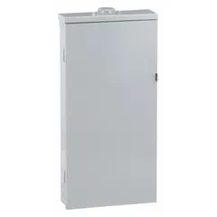 This main breaker load center distributes power in outdoor residential and light commercial installations. It provides 200 A, 120/240V AC, 1-phase service with 8 spaces and a 22kA short circuit current rating. The unit includes a surface cover and supports up to 8 tandem breakers for branch circuit protection.
