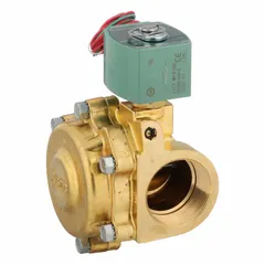 This 2-way/2-position normally open solenoid valve operates on 12V DC and features a 2 in pipe size. Designed with a watertight, high-flow construction and an NBR seal, it is suited for on/off control of liquids or gases in industrial fluid handling systems.