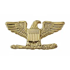Gold metal rank insignia featuring a Colonel Eagle design, measuring 3/4 inch. Attaches with a clutch pin. Used on military or uniformed service dress to denote the rank of Colonel.