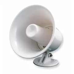 Indoor horn speaker for public-address and paging systems. 1-way design with 8 ohm impedance. Compact 5-inch overall width and height. Suitable for voice announcements and background music in commercial spaces.