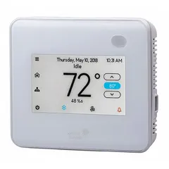 Commercial thermostat for heat and cool applications. Features a touch screen interface, 7-day programming, and fan settings (Hi-Med-Low-Auto). White housing with terminal designations for Sensor. Includes humidification control. Suitable for HVAC systems in commercial spaces.