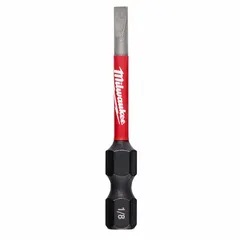 Slotted-head impact bit with 1/8" imperial bit size and hex shank for secure grip in impact drivers. Made from alloy steel for standard-duty fastening. Pack of 25.
