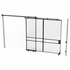 This black powder-coated steel sliding door is a quick-assemble woven-wire partition component. It provides a sliding access point within a Husky Rack & Wire partition system, commonly used in warehouses and industrial facilities to secure storage areas while allowing passage for personnel or equipment.