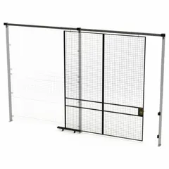 Black powder-coated steel slide door for woven-wire partition systems. Measures 10 ft high by 8 ft wide by 1 3/4 in deep. Provides controlled access to enclosed storage areas in warehouses and industrial facilities.