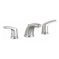 This widespread handle bathroom faucet features a brushed nickel finish and a low arc spout. Constructed of metal, it includes a drain and is suited for residential and commercial bathroom sinks in new installations or renovations