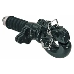 Steel pintle hook with powder-coated finish. Gross trailer weight capacity of 50,000 lb. Used for heavy-duty towing in applications such as connecting trailers to trucks or industrial vehicles.