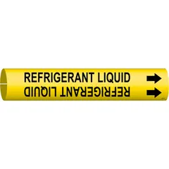 Yellow snap-on pipe marker with black legend reading 'Refrigerant Liquid' and directional arrows. Fits pipe outer diameters from 2-1/2 to 3-7/8 inches. Used to identify refrigerant liquid lines in piping systems.